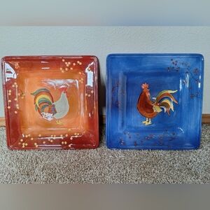 Vintage Laurie Gates Set of Two Square Rooster Plates. 9x9